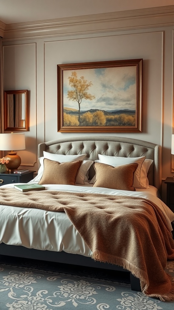Luxurious apartment bedroom with elegant bed, artwork, and warm accessories.