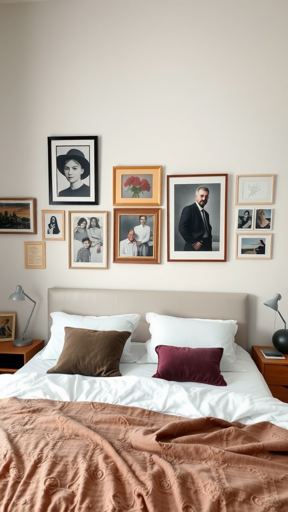 Cozy apartment bedroom featuring a bed with decorative pillows and a gallery wall of framed artwork and photographs.