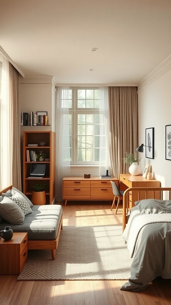Cozy apartment bedroom with natural light, wooden furniture, and a relaxing atmosphere