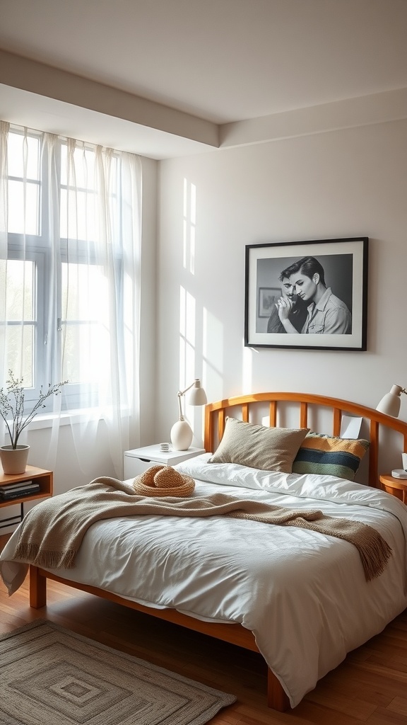 A cozy apartment bedroom featuring a wooden bed frame, soft bedding, and natural light filtering through sheer curtains.