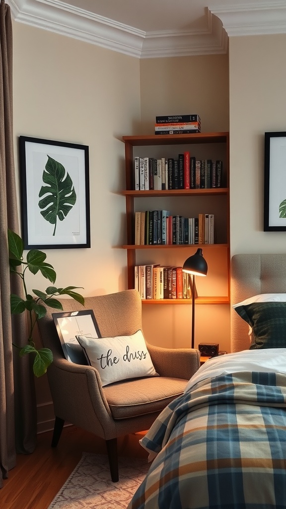 Cozy reading nook in an apartment bedroom with a chair, bookshelf, and a plant.