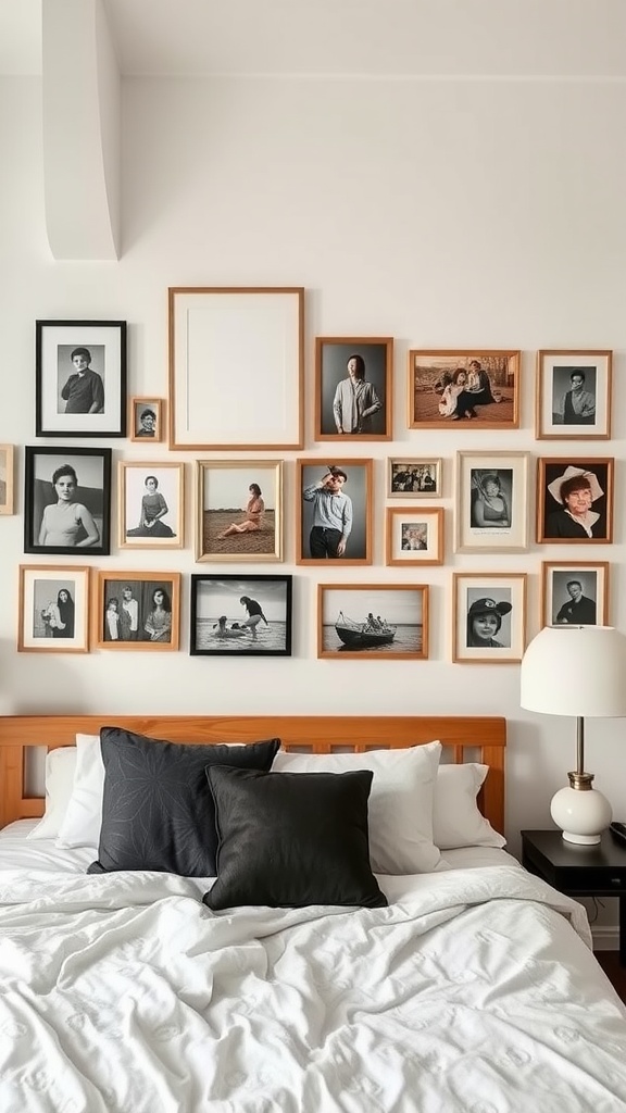 Gallery wall with framed photos above a bed in an apartment bedroom