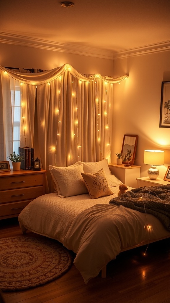Cozy apartment bedroom with soft lighting from fairy lights and a bedside lamp