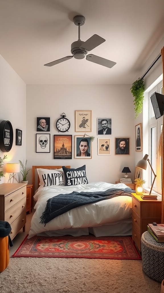 A cozy themed bedroom with wall art, soft textures, and plants
