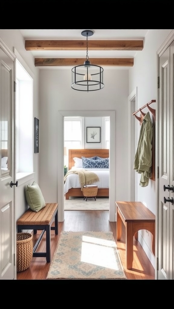 A cozy entryway leading into a bedroom, featuring wooden beams, light fixtures, benches, and decorative elements.