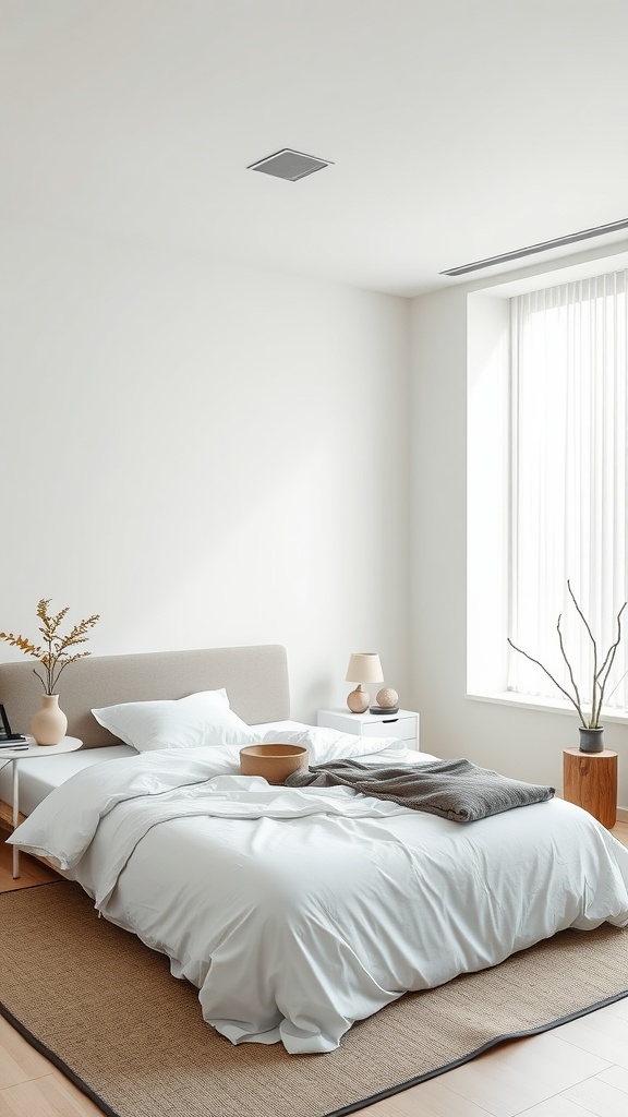 A minimalist bedroom featuring a large white bed, simple bedside table, and large window providing natural light.