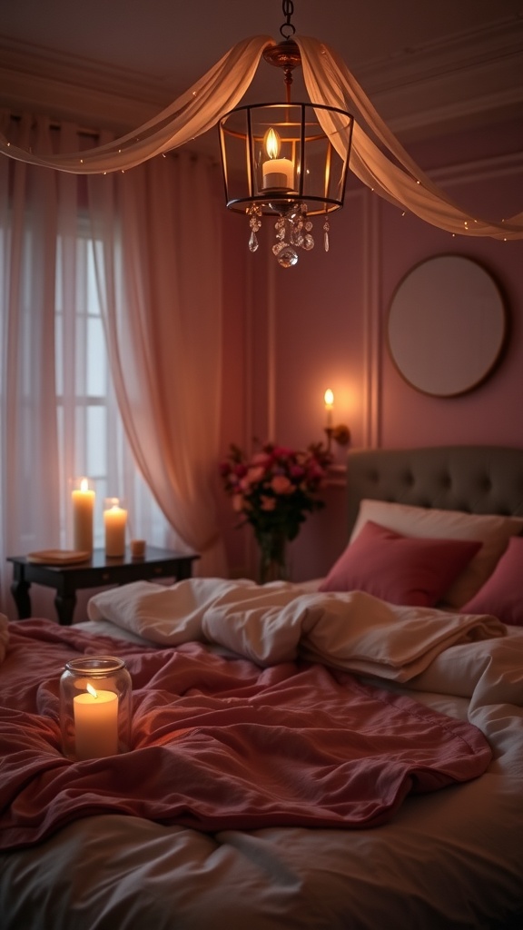 A romantic bedroom with soft pink hues, layered bedding, candles, and a floral arrangement.