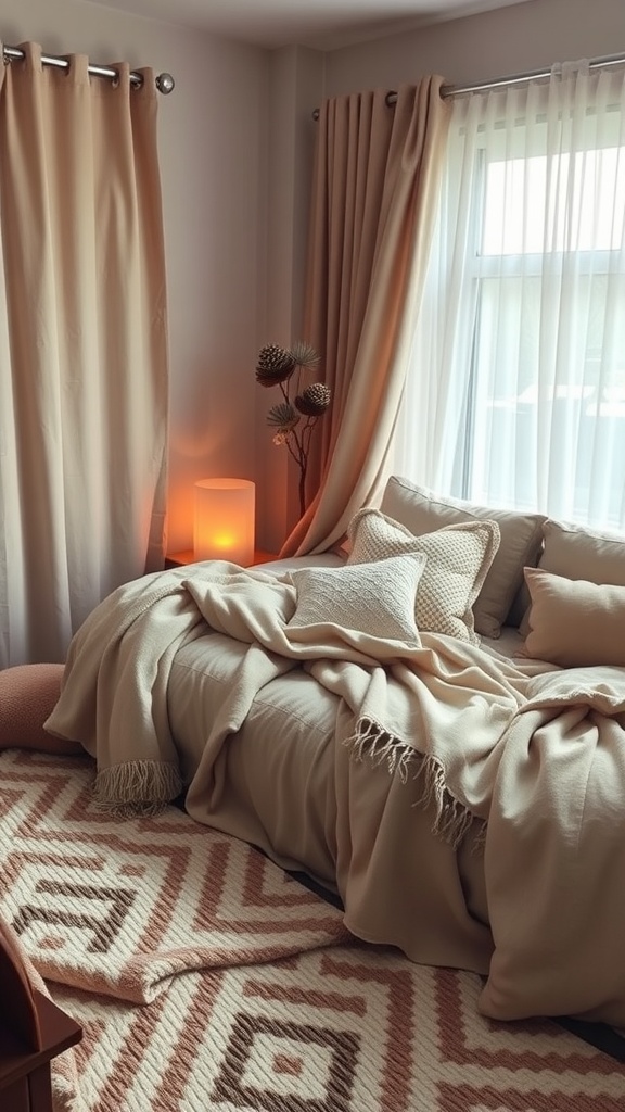 Cozy apartment bedroom with layered bedding, soft curtains, and a warm atmosphere.