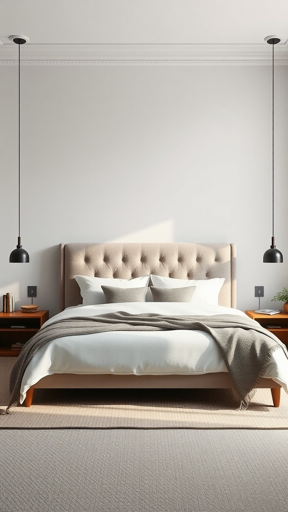 A modern apartment bedroom featuring a plush tufted headboard, soft bedding, and stylish pendant lighting.