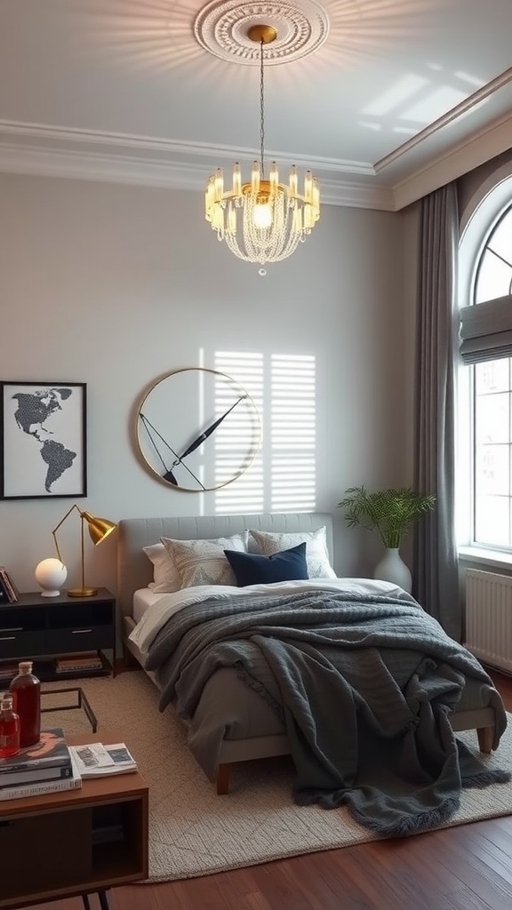 A cozy apartment bedroom featuring a chandelier, a floor lamp, a neatly made bed with gray blankets, and stylish decor elements.