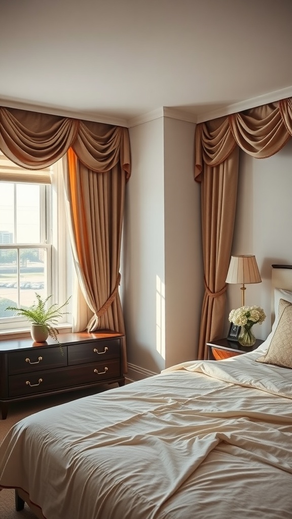 A well-decorated bedroom with elegant window treatments, featuring drapes and a cozy bed.