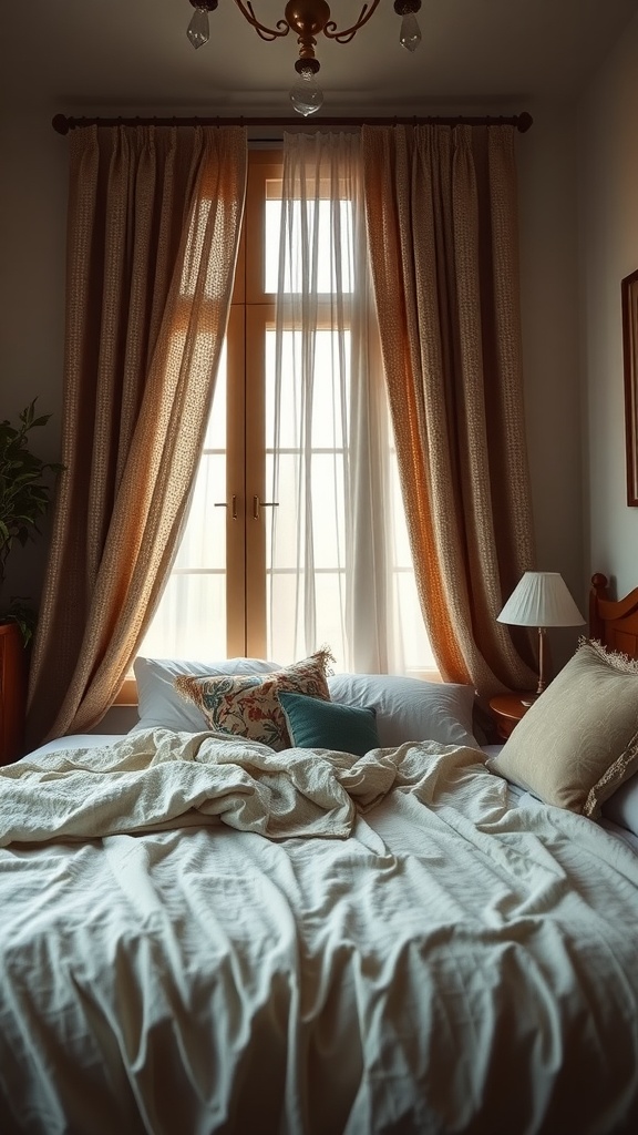 Cozy bedroom with layered bedding, decorative pillows, and natural light from window