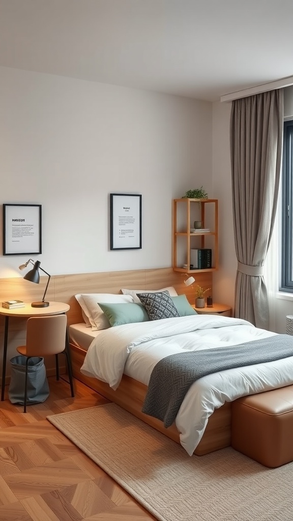Cozy apartment bedroom with multi-functional furniture, featuring a bed with storage, a desk, and wall shelves.