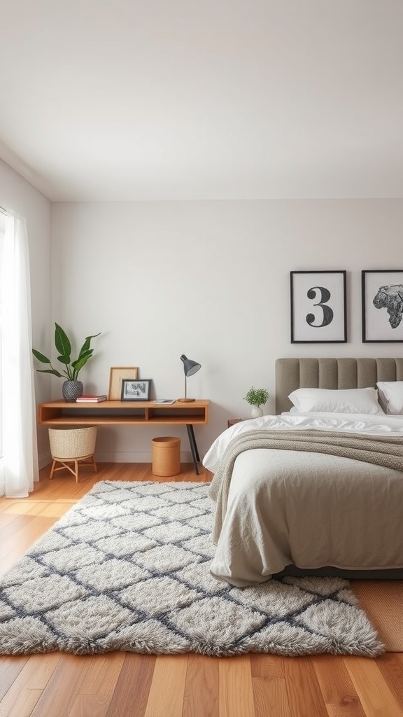 Cozy bedroom with a soft, textured rug and modern decor