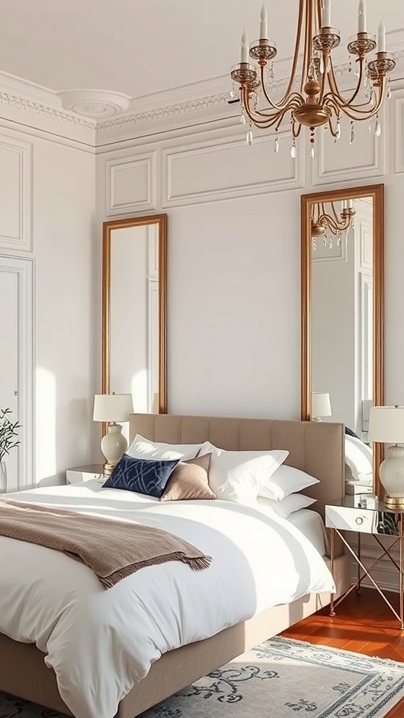 A stylish bedroom with mirrors reflecting light and creating a sense of space.