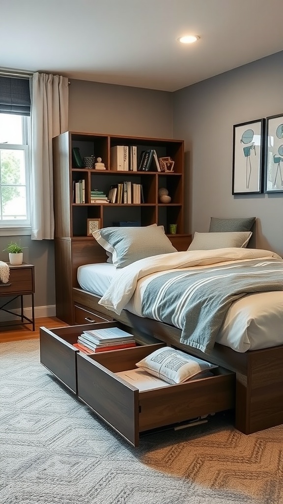 Cozy bedroom with a bed featuring built-in drawers for under-bed storage.