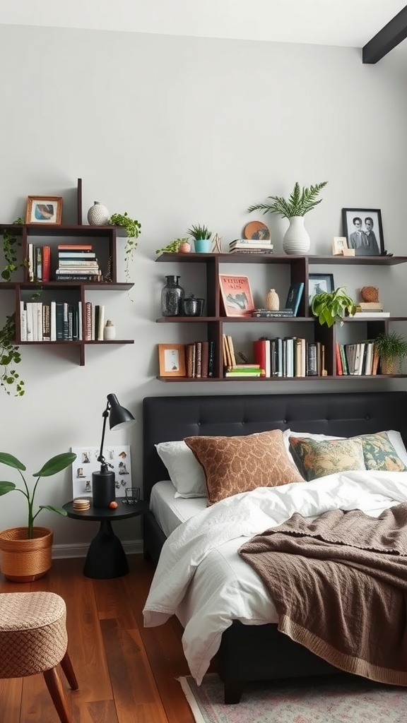 A stylish bedroom featuring vertical shelving with books and plants.